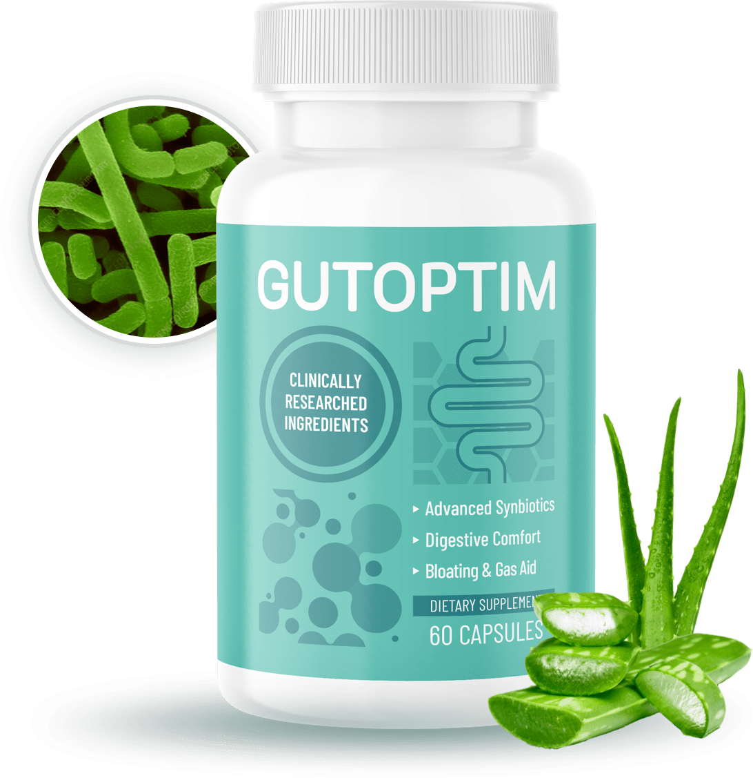 GutOptim dietary supplement bottle with prebiotics, fiber and botanicals